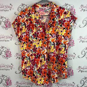 Cleo button up tshirt flowers Vibrant Floral Blouse - Red, Orange, Yellow